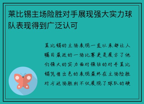 莱比锡主场险胜对手展现强大实力球队表现得到广泛认可