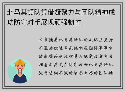 北马其顿队凭借凝聚力与团队精神成功防守对手展现顽强韧性