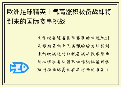 欧洲足球精英士气高涨积极备战即将到来的国际赛事挑战