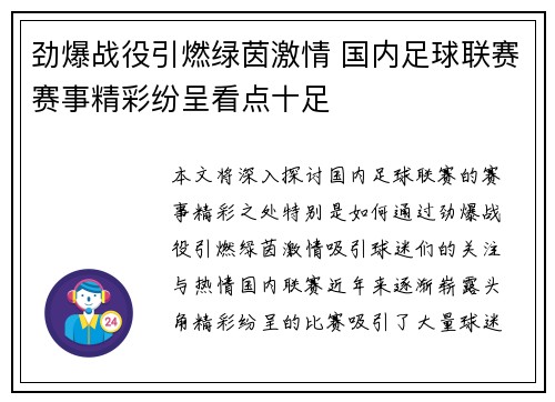 劲爆战役引燃绿茵激情 国内足球联赛赛事精彩纷呈看点十足