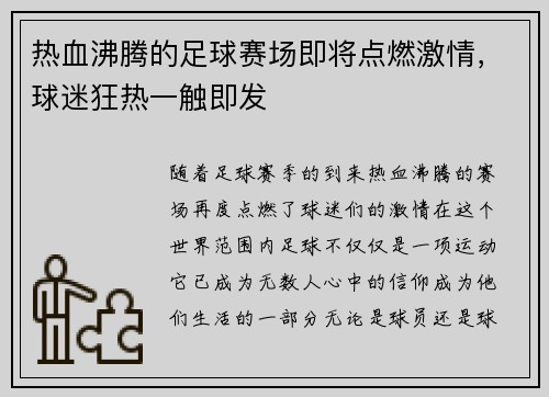 热血沸腾的足球赛场即将点燃激情，球迷狂热一触即发